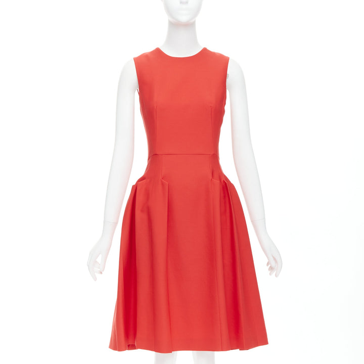 BOTTEGA VENETA red 100% vrigin wool 3D pleated crew neck fit flare dress