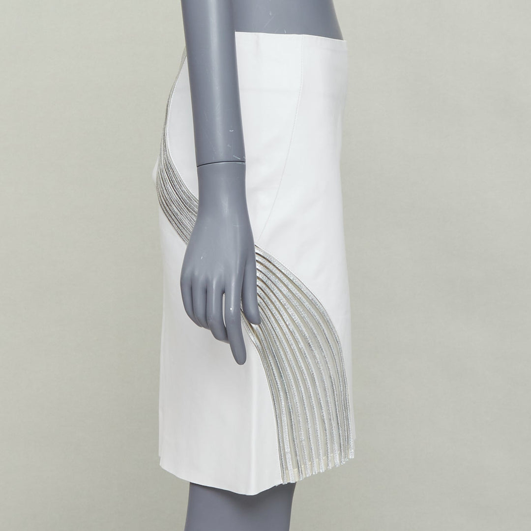 JEAN CLAUDE JITROIS white  leather silver silk applique pencil skirt IT36 XXS
