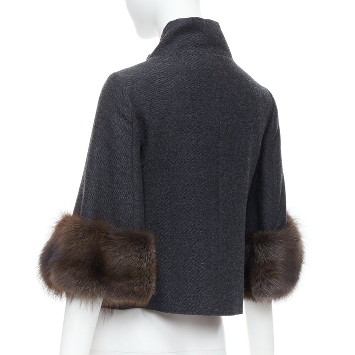 MARNI charcoal grey fur trim flare wool blend cropped jacket IT40 S