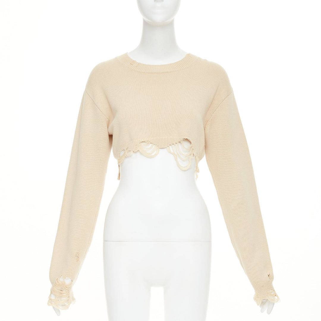 R13  2023 Destroyed Cropped Pullover khaki cotton distressed sweater S