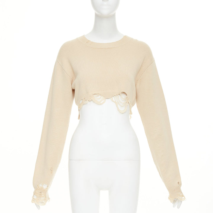 R13  2023 Destroyed Cropped Pullover khaki cotton distressed sweater S