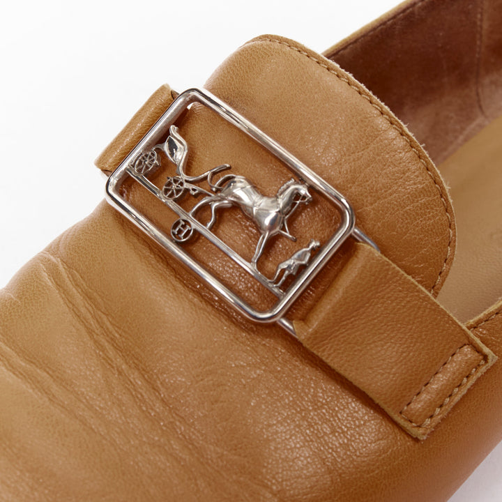 HERMES Time tan brown smooth leather horse carriage buckle flat loafers EU35