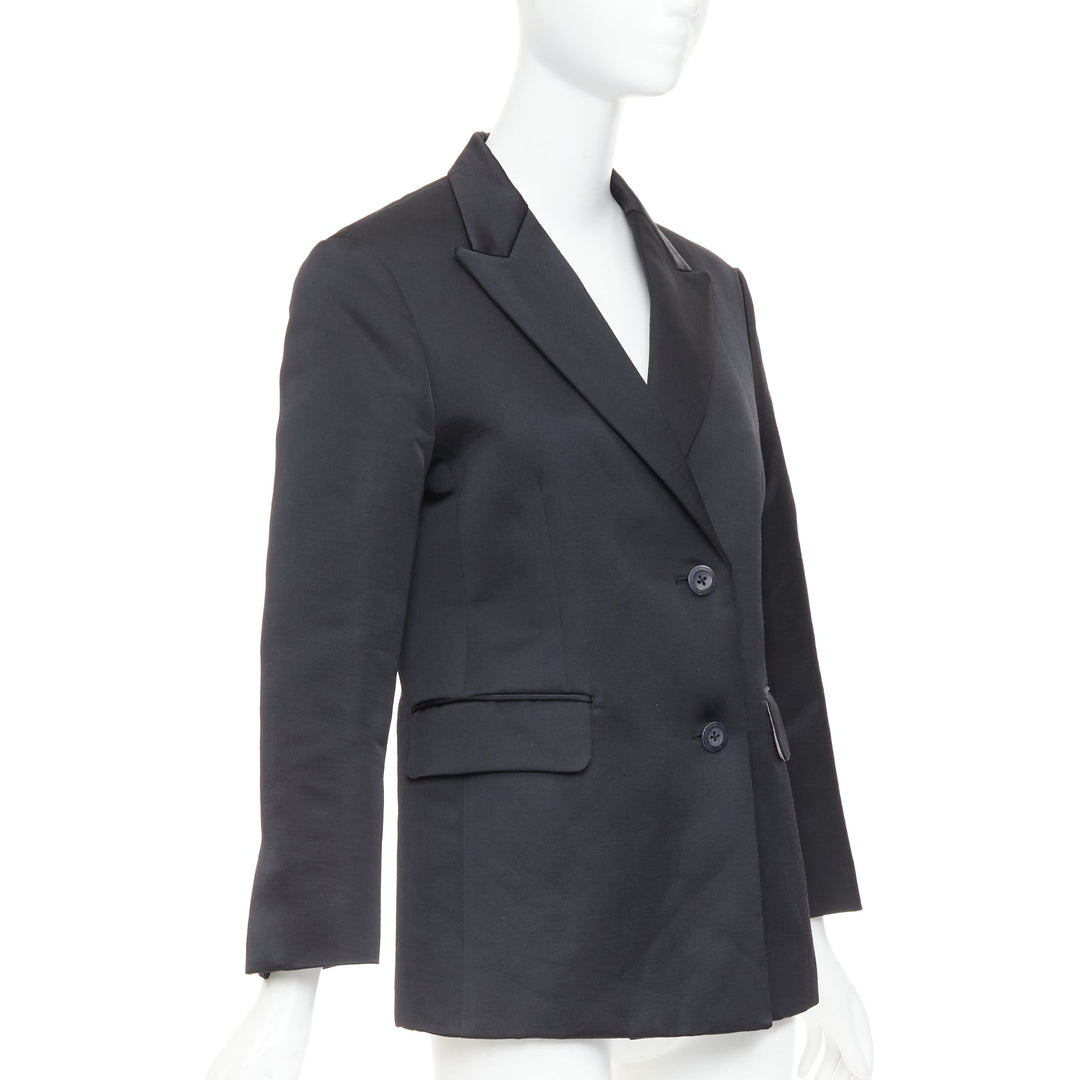 BACCA black satin cropped sleeves single breasted boxy tuxedo blazer