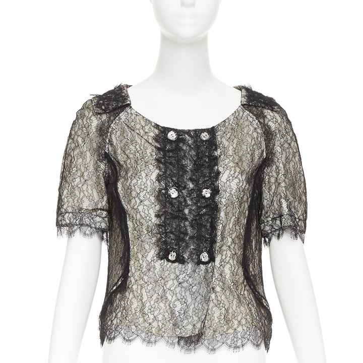 NINA RICCI black lace holographic buttons scallop double breasted blouse IT38 XS