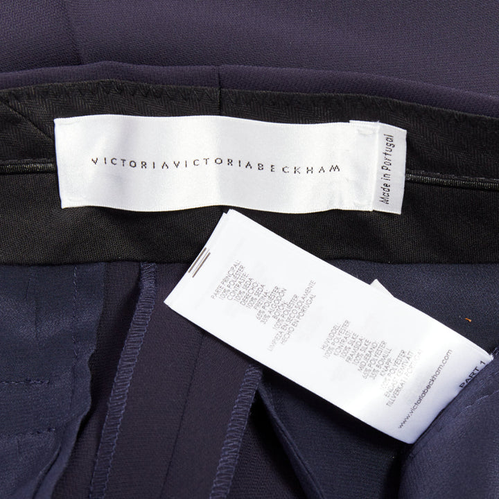 VVB VICTORIA BECKHAM navy yellow silk trimmed high waist wide trousers UK8 S