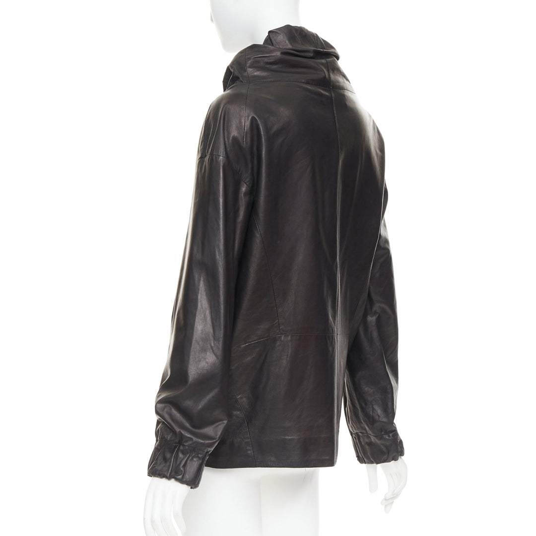 MARNI black lamb leather gathered collar zip up oversized jacket IT42 M