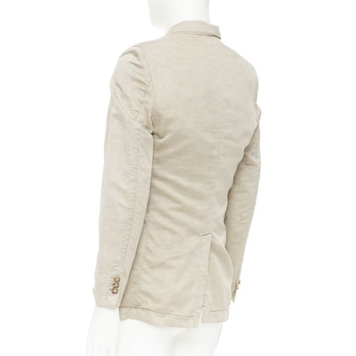 PRADA beige coated linen cotton flap pockets two button relaxed blazer IT48 M