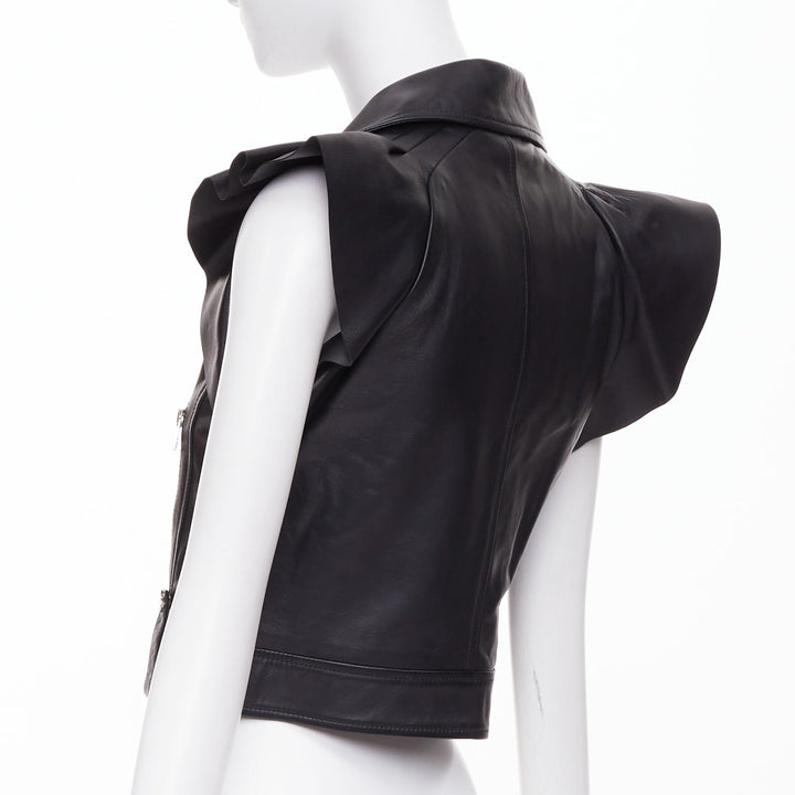 RED VALENTINO 2021  black lambskin leather ruffle biker vest jacket IT38 XS