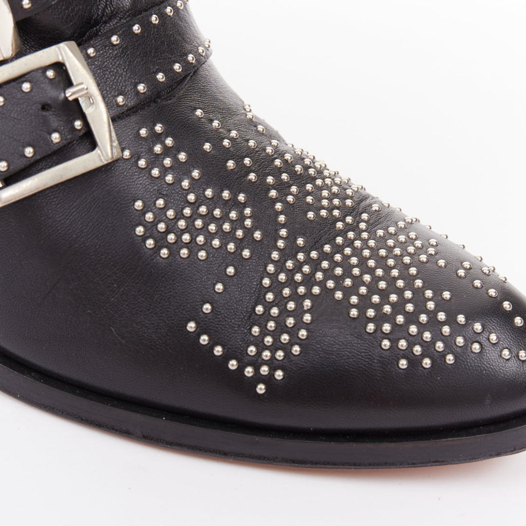 CHLOE Susanna black leather silver floral studded buckle grunge boots EU39.5