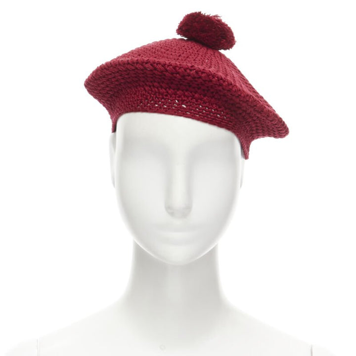 GUCCI Michele 100% cotton burgundy red pom pom knit beret hat M 57cm