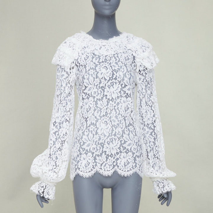 CHANEL 2017 Paris-Cosmopolite white open weave lace ruffle shirt blouse FR38 M