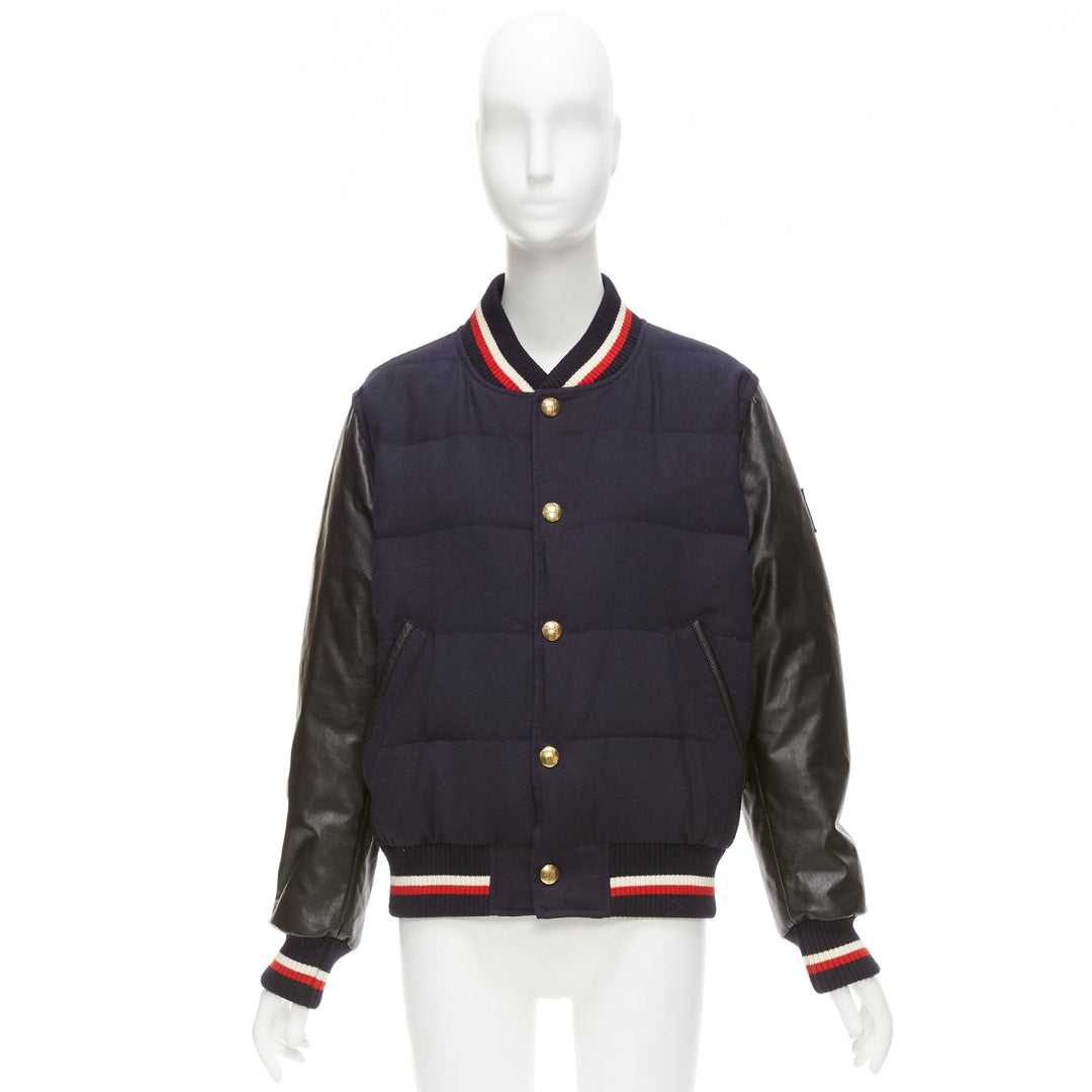 MONCLER GAMME BLEU navy wool leather sleeves goose down bomber jacket Sz2 M