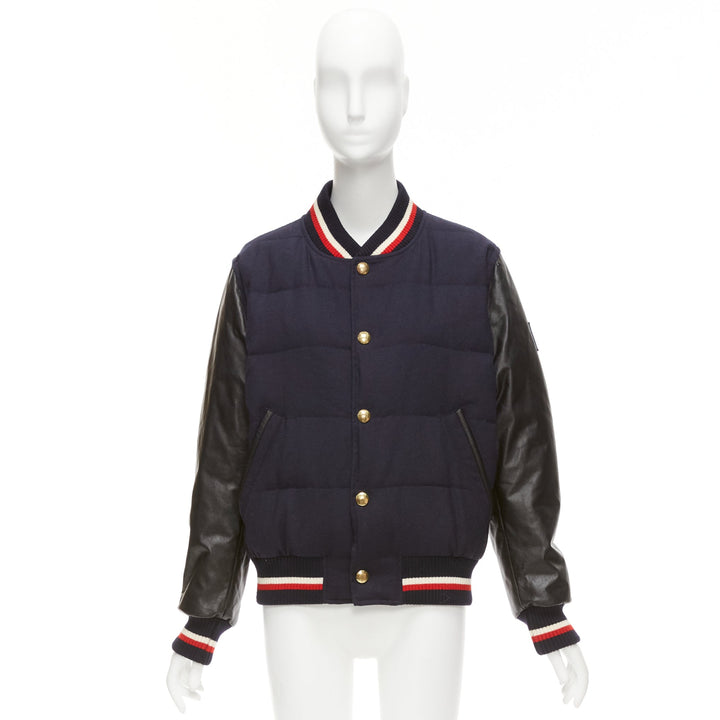 MONCLER GAMME BLEU navy wool leather sleeves goose down bomber jacket Sz2 M