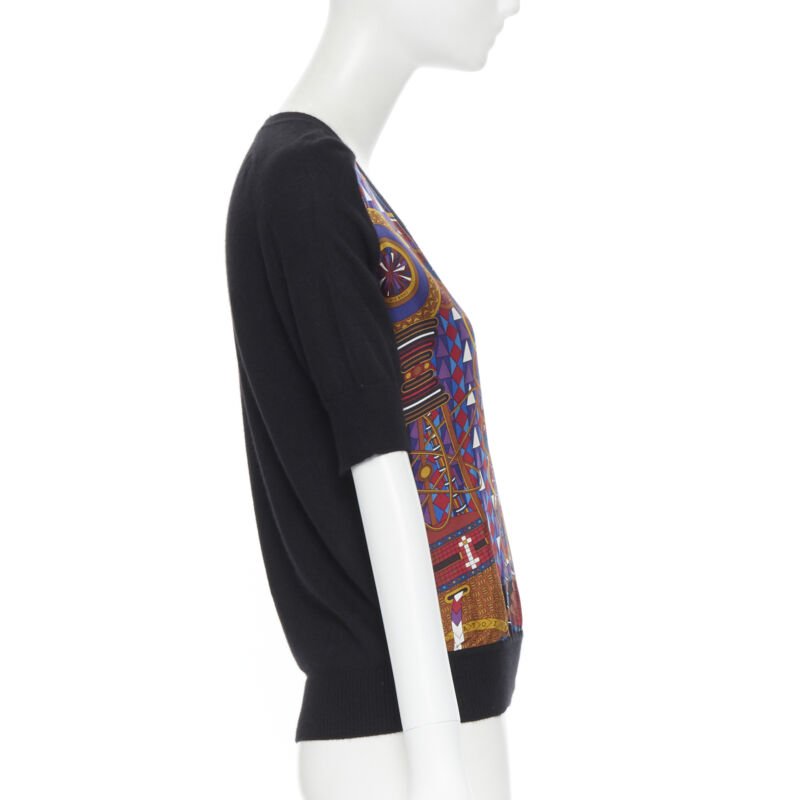 HERMES PARIS signature silk print front black cashmere knit V-neck sweater Fr34