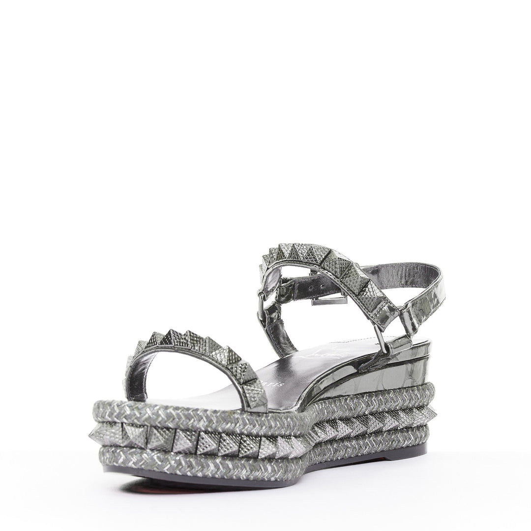 CHRISTIAN LOUBOUTIN Pyraclou 60 Anthracite silver studded espadrille sandal EU37