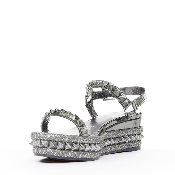 CHRISTIAN LOUBOUTIN Pyraclou 60 Anthracite silver studded espadrille sandal EU37
