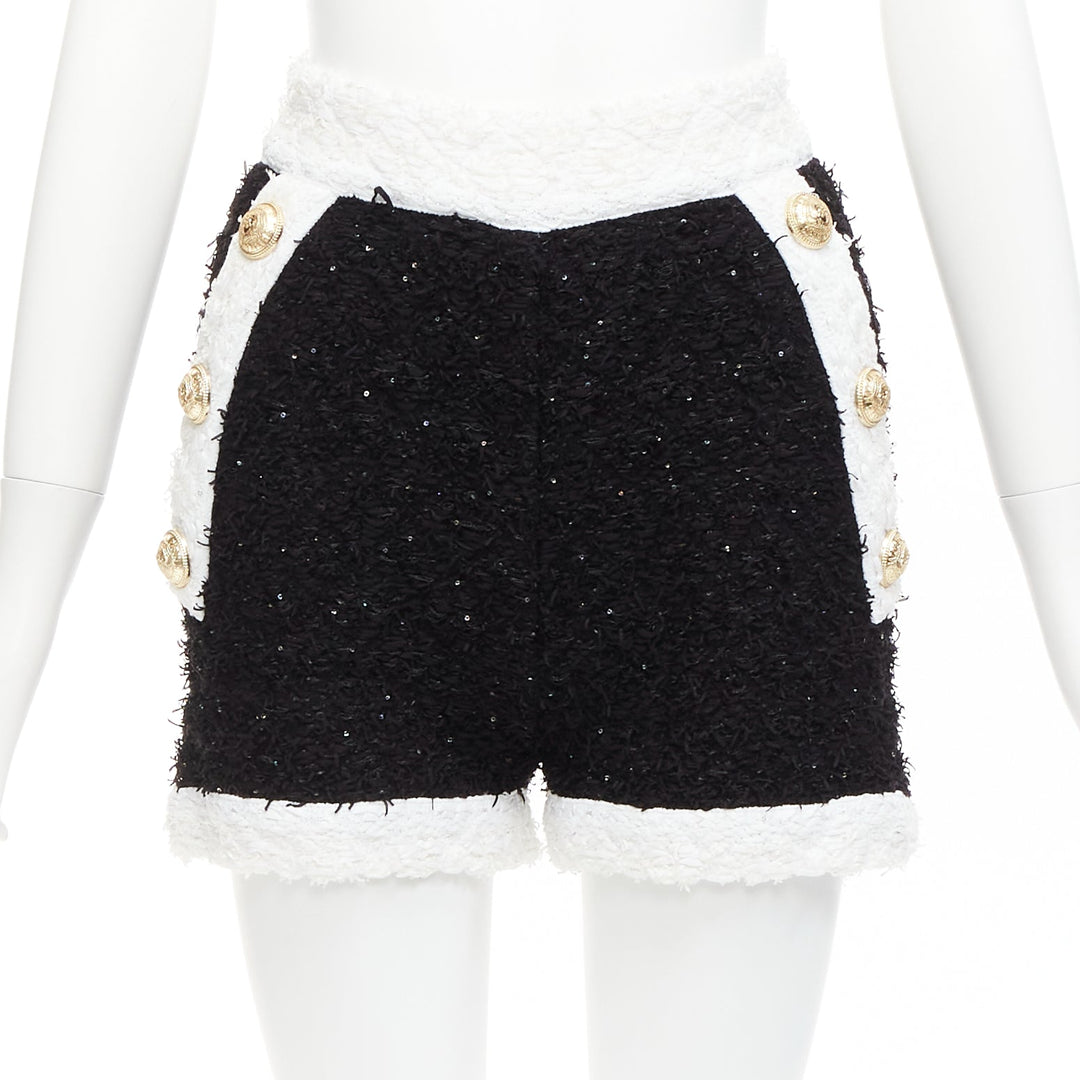 BALMAIN black white sequins tweed gold buttons zip high waisted shorts FR34 XS
