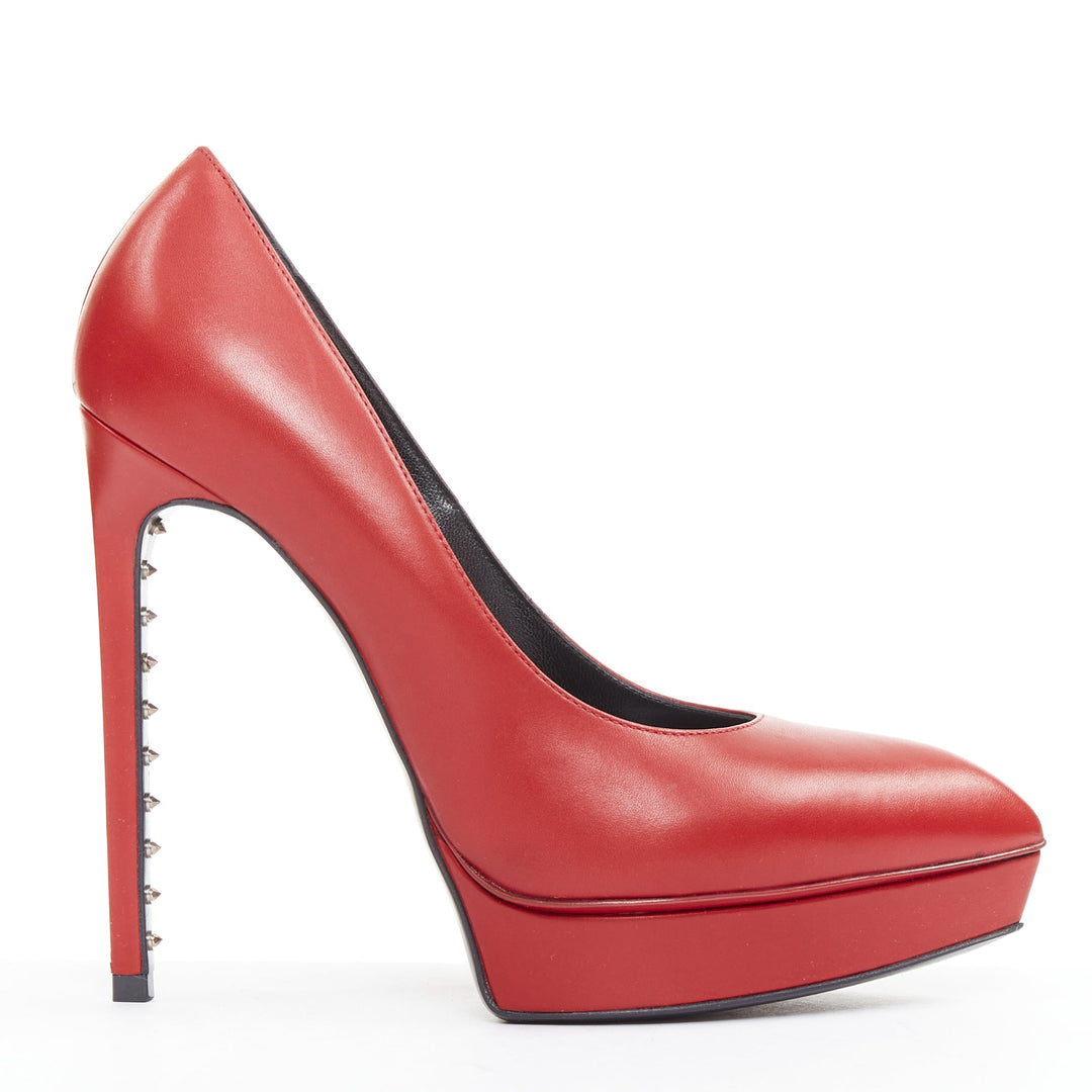 SAINT LAURENT Janis Rouge Oriente red leather studded heel platform pumps EU37.5