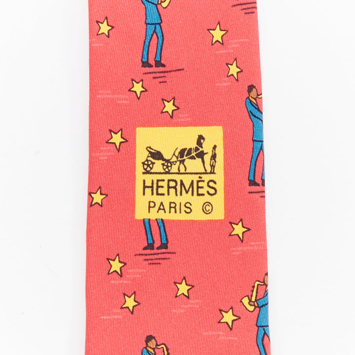 HERMES 7551 SA red yellow blue saxophone player star print silk tie