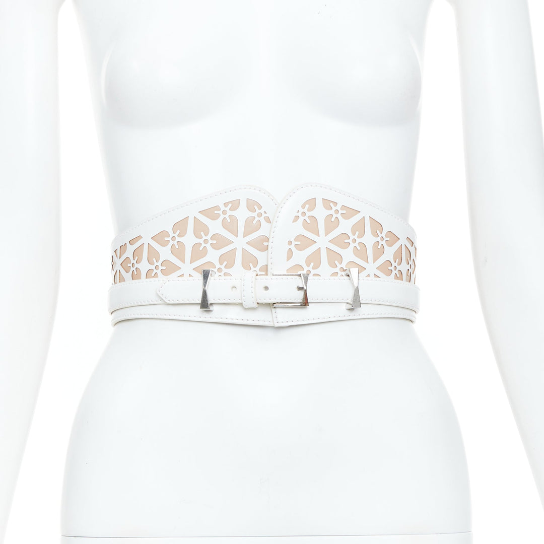 ALEXANDER MCQUEEN white laser cut leather floral silhouette waist belt 65cm