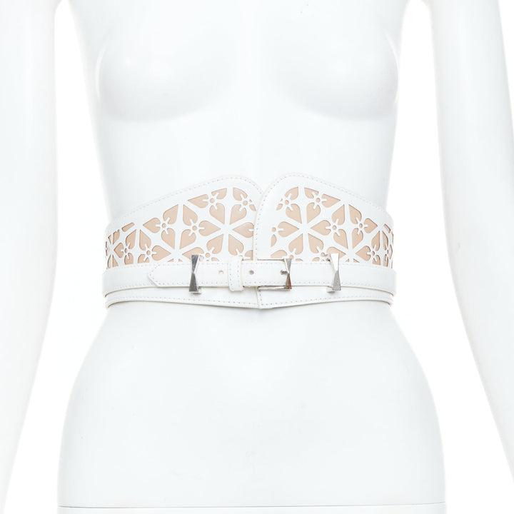 ALEXANDER MCQUEEN white laser cut leather floral silhouette waist belt 65cm