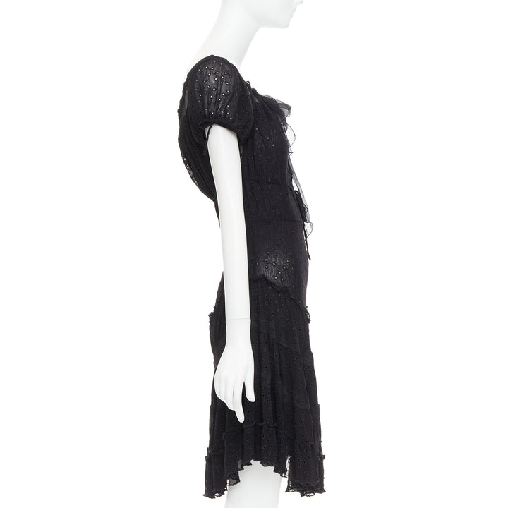 JEAN PAUL GAULTIER MAILLE FEMME Vintage black eyelet ruffle self tie dress M