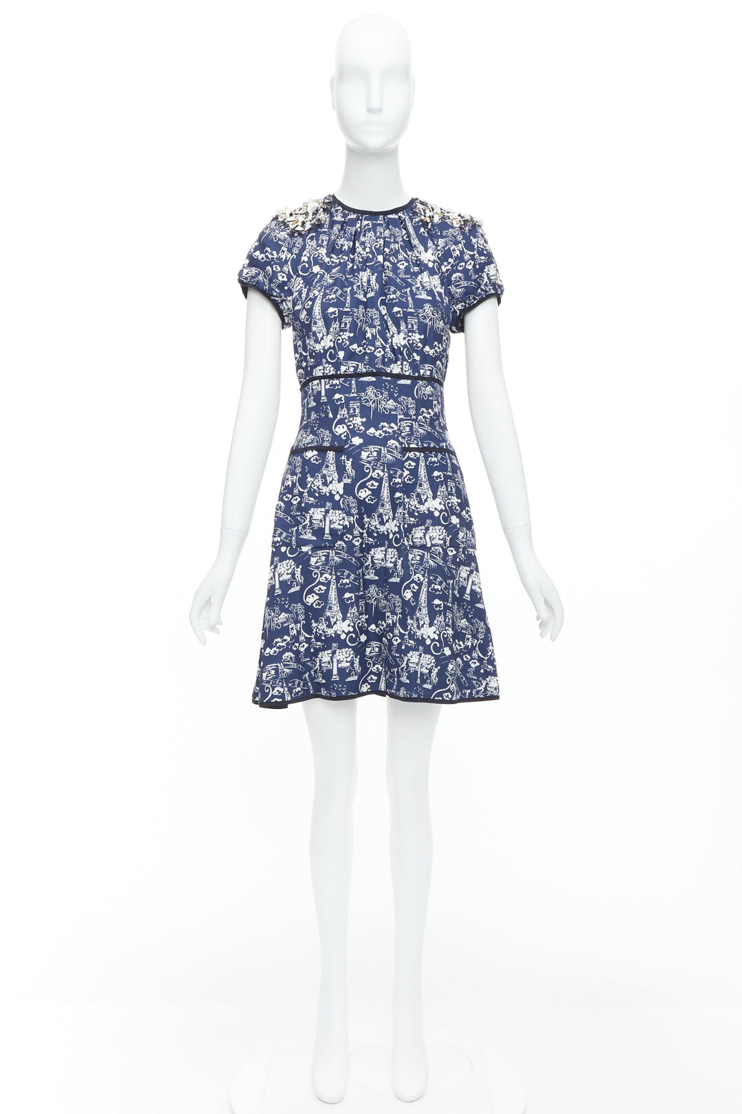 LOUIS VUITTON navy Paris City print embellished neckline dress FR36 S