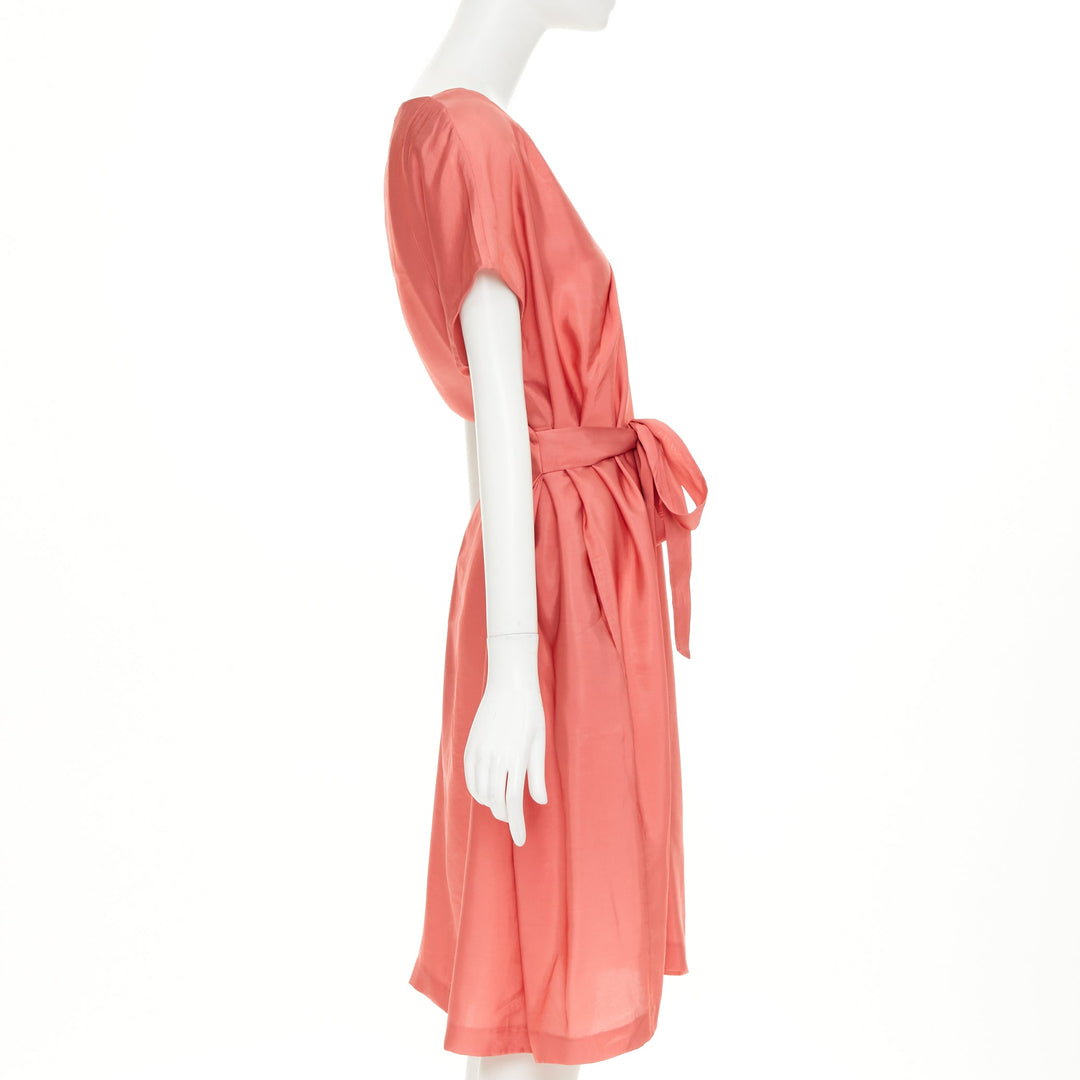 MARNI pink viscose blend draped v neck belted short sleeve mini dress IT44 L