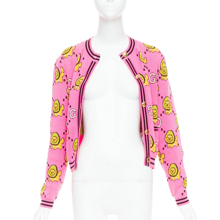 GUCCI PIKARAR pink yellow cotton Kawaii Lion GG monogram cropped cardigan XXS