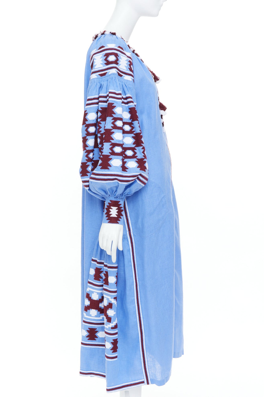 VITA KIN blue linen red folk ethnic embroidery boho peasant kaftan dress S/D