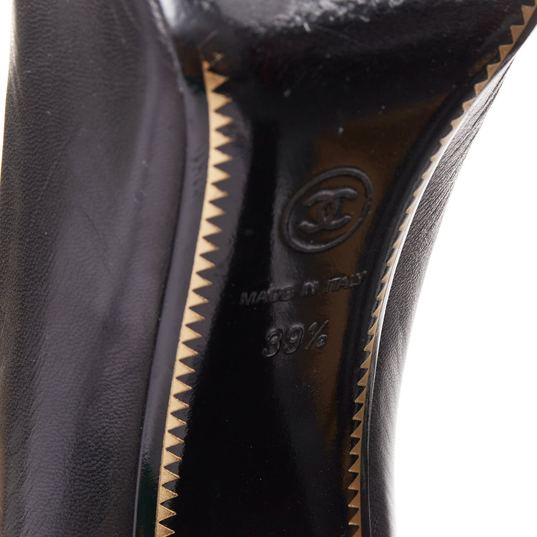 CHANEL black leather silver CC logo velvet toe cap round toe block pumps EU39.5