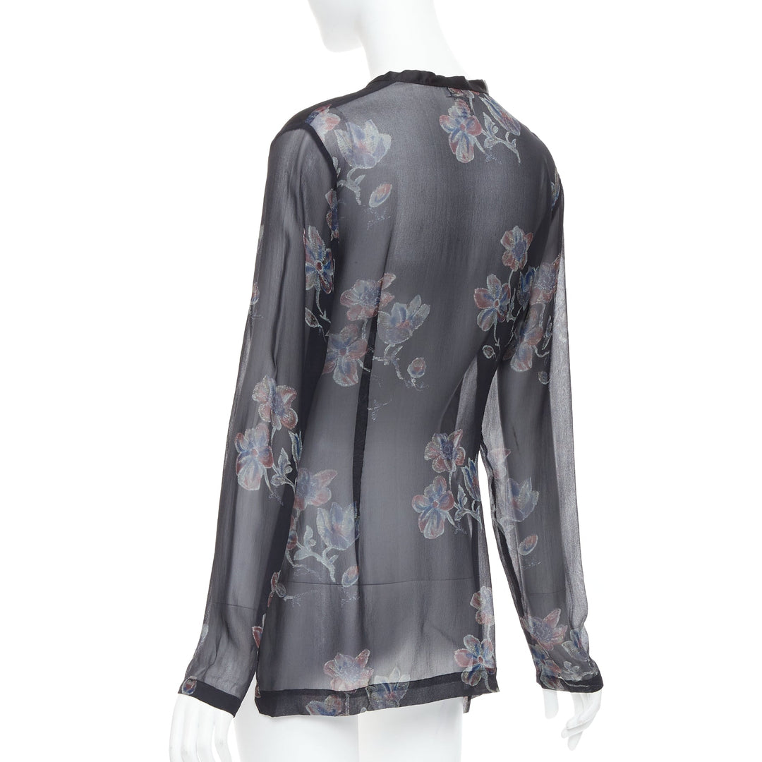 DRIES VAN NOTEN 1990s Vintage 100% silk floral sheer sleeve hi low blouse FR38 M