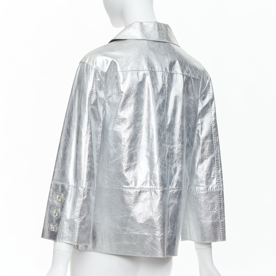 LOUIS VUITTON Marc Jacobs metallic silver leather crystal button jacket FR36 S