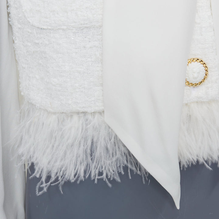 BALMAIN 2024 cream tweed silk sleeves gold lion buttons feather jacket FR36 S