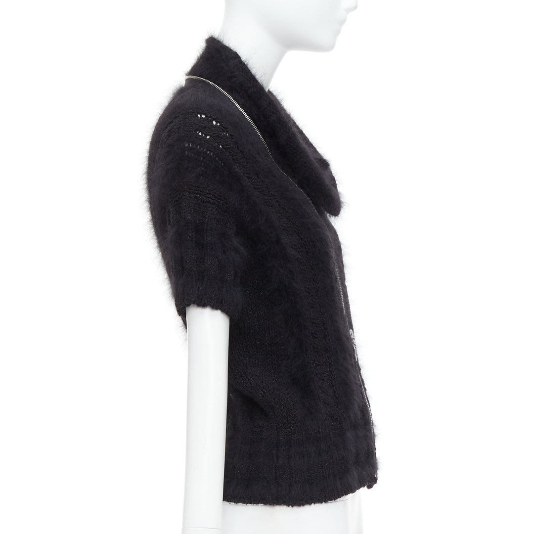 CHANEL 08A black fluffy angora blend CC zip layered sweater FR36 S