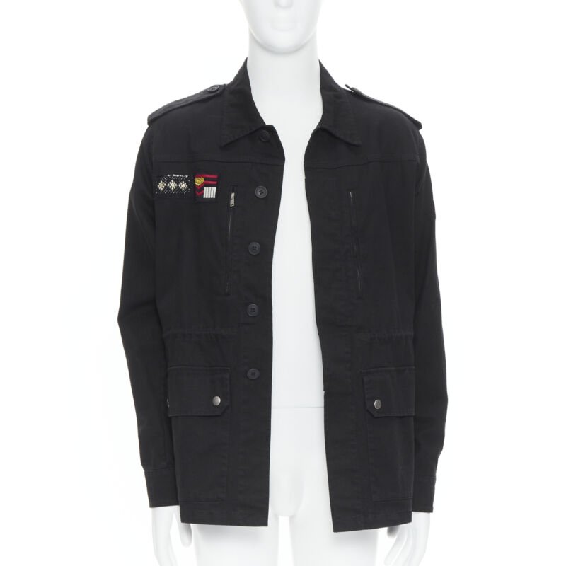 SAINT LAURENT black cotton embroidery patch utility military jacket  EU50 L
