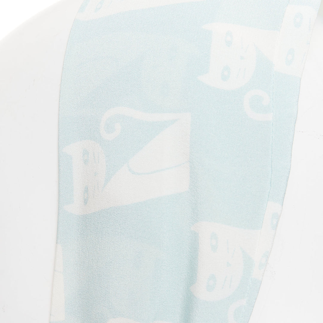 MIU MIU 2020 cartoon cat light blue white silk crepe long headband skinny scarf