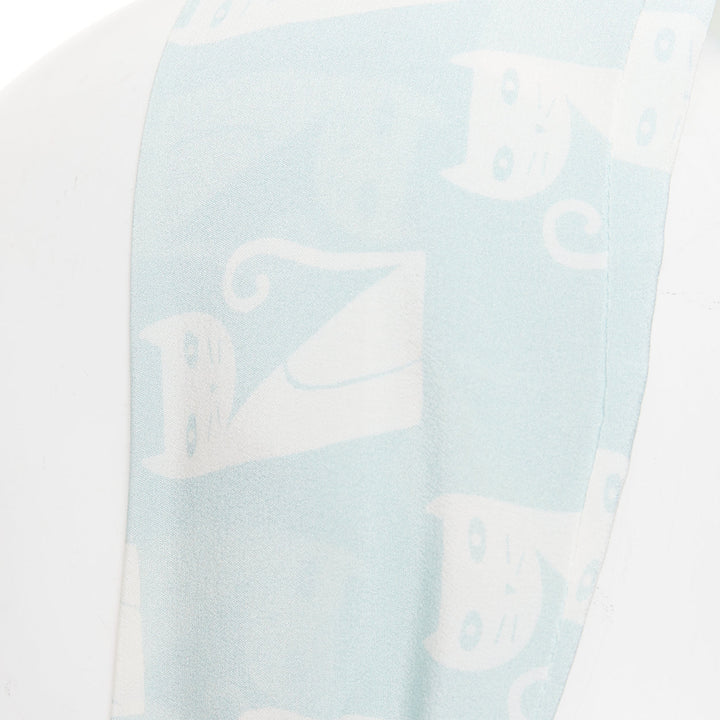 MIU MIU 2020 cartoon cat light blue white silk crepe long headband skinny scarf