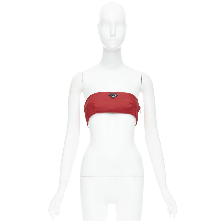 PRADA Re-Nylon red triangle logo plate strapless bustier tube top IT38 XS