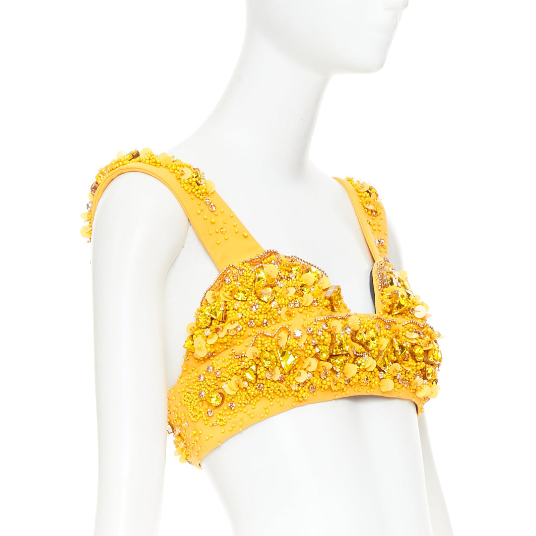 rare PRADA 2014 Runway yellow wool crystal jewel encrusted bustier top IT38 XS