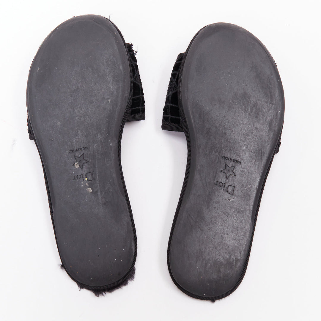 DIOR Chez Moi black velvet cannage quilted velvet flat slides EU35