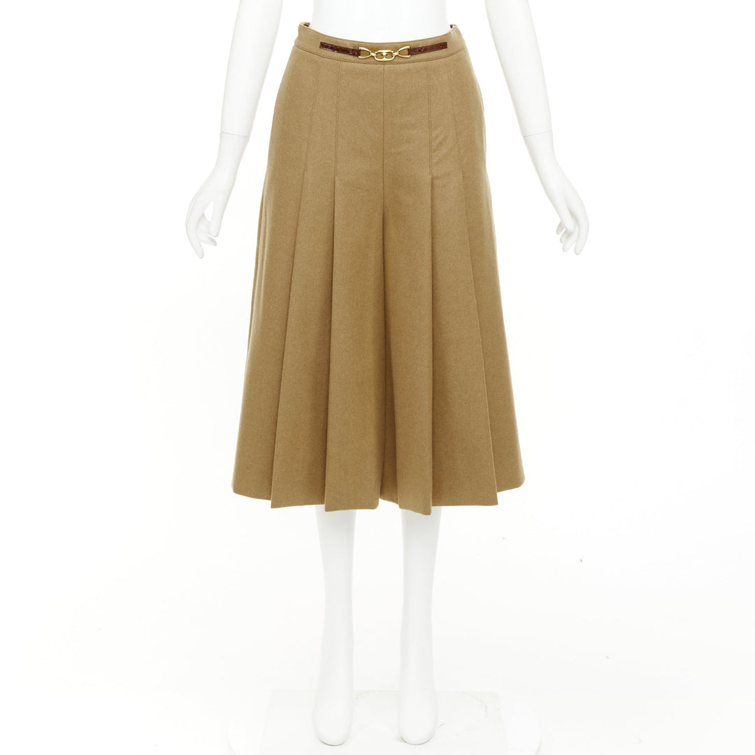 CELINE camel brown wool gabardine horsebit belt box pleated skort FR36 S