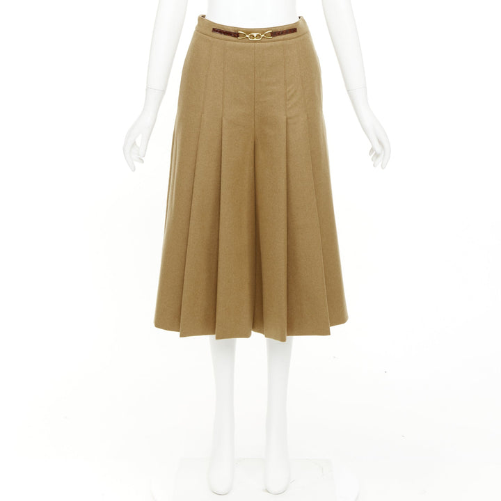 CELINE camel brown wool gabardine horsebit belt box pleated skort FR36 S