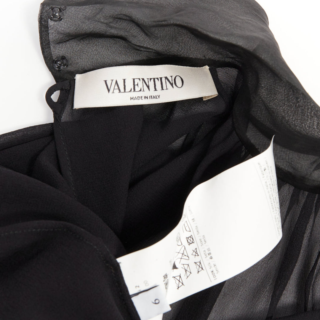 VALENTINO black silk georgette sheer draped high collar ruched blouse top UK6 XS