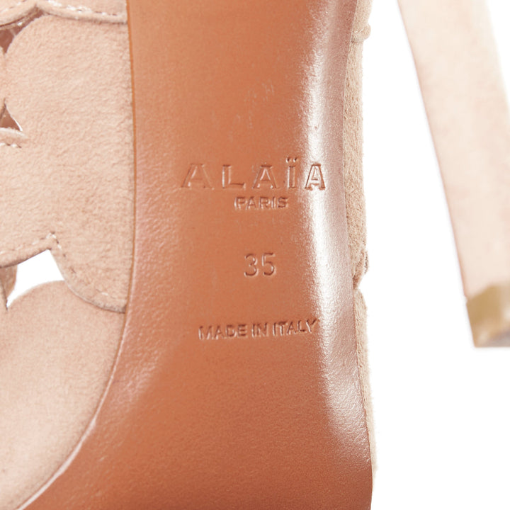 ALAIA nude leather scallop cut out caged high heeled sandals EU35