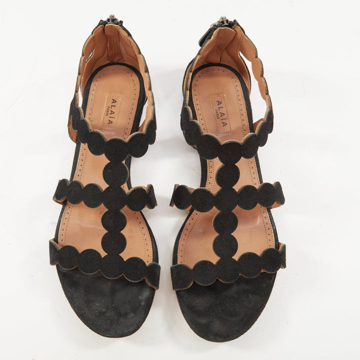 ALAIA 2016 black suede laser cut scalloped cage gladiator open toe sandals EU37