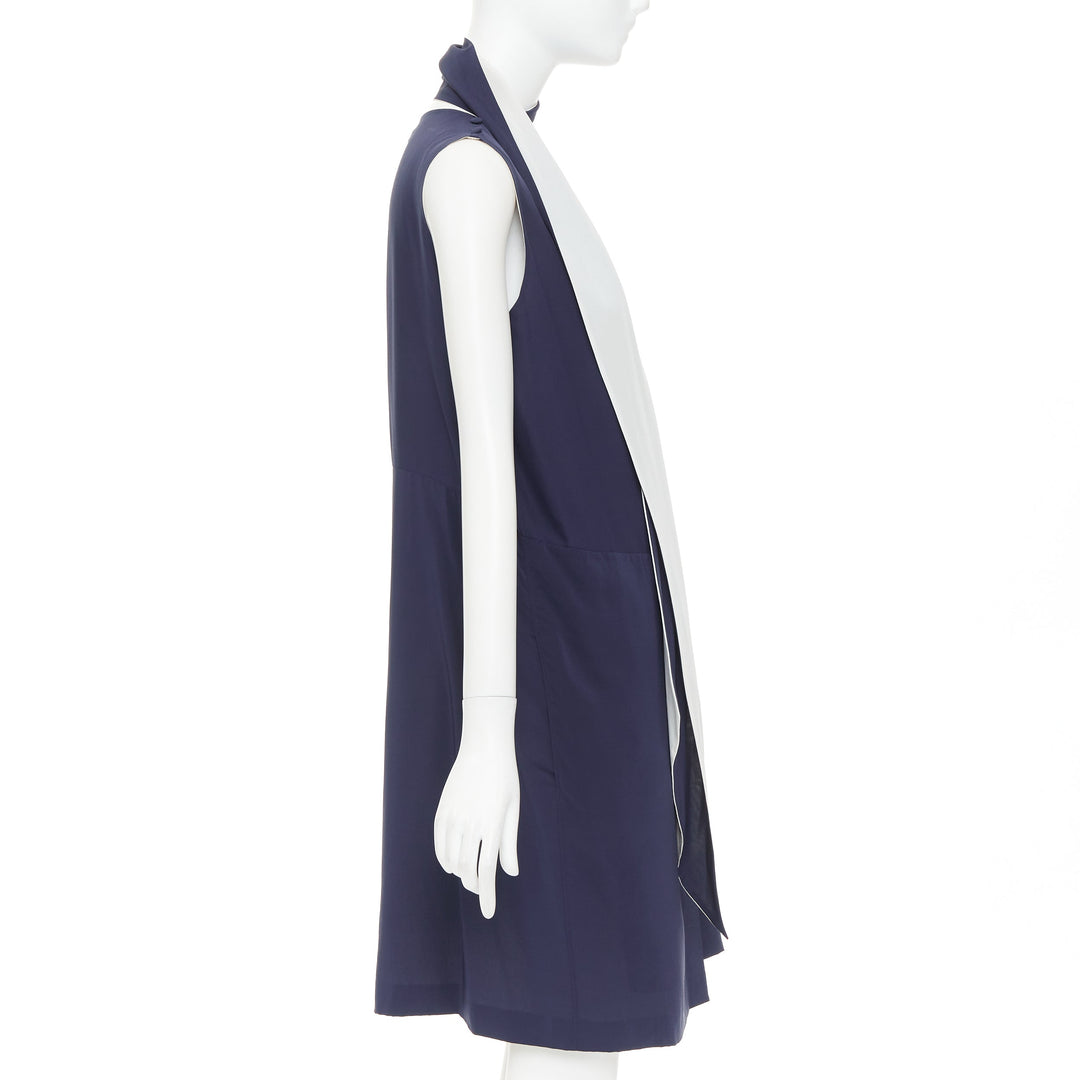 OLD CELINE 2010 Phoebe Philo navy ivory double layer silk scarf dress FR38 M