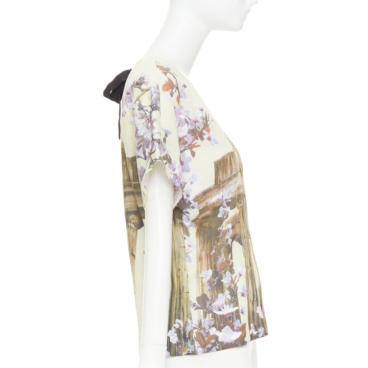 DOLCE GABBANA 100% silk cream purple Rome Ruins floral print boxy top IT38 XS
