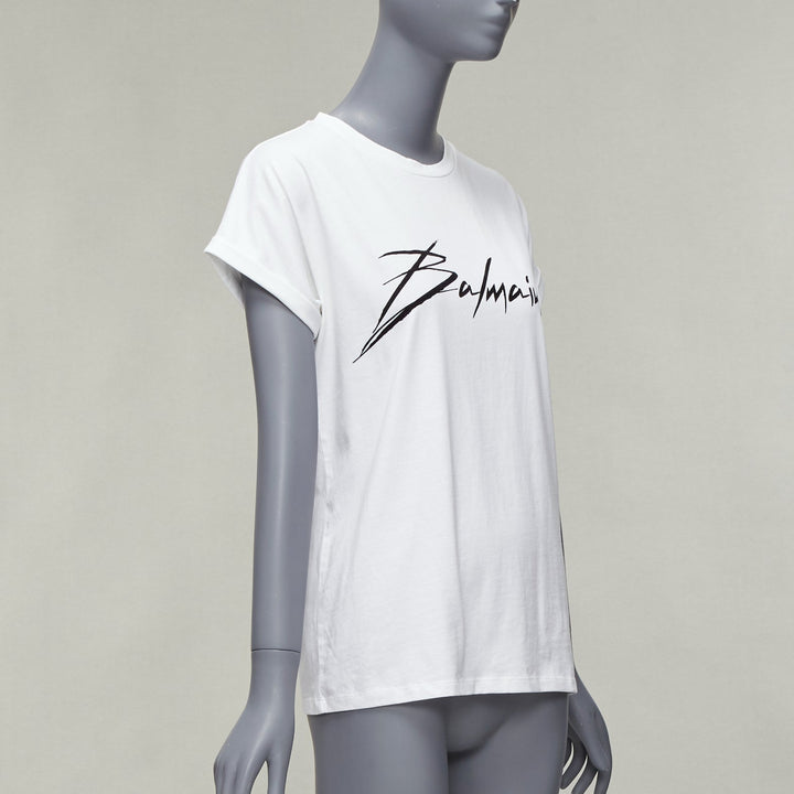 BALMAIN black signature logo velvet print cuffed sleeve white tshirt FR34 XS