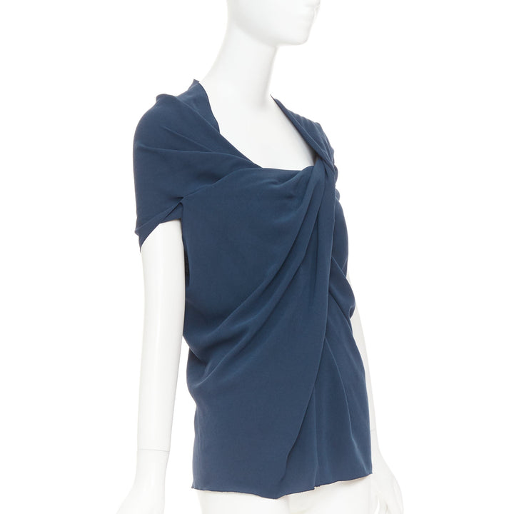 LANVIN 2009 navy triacetate blend twist front square neck ruched top FR34 XS